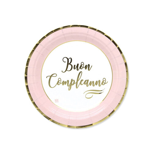 Piatto Rotondo Rosa e  Bianco con stampa " Buon compleanno" Oro, Big Party.