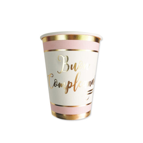Bicchieri in cartone Rosa e Bianchi con scritta  " Buon compleanno" Oro,  Big Party.