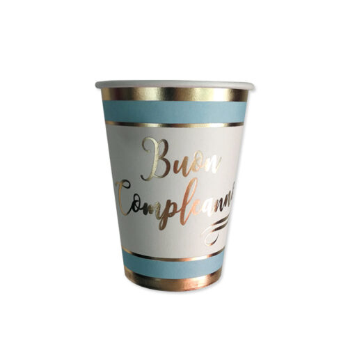 Bicchieri in cartone Azzurri e Bianchi con scritta  " Buon compleanno" Oro,  Big Party.