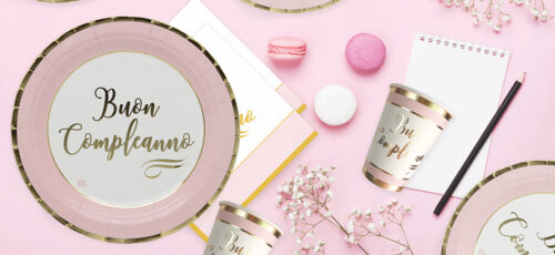 Tovaglioli 33 x 33 Rosa e Bianchi con stampa Oro " Buon compleanno", Big Party . - immagine 2