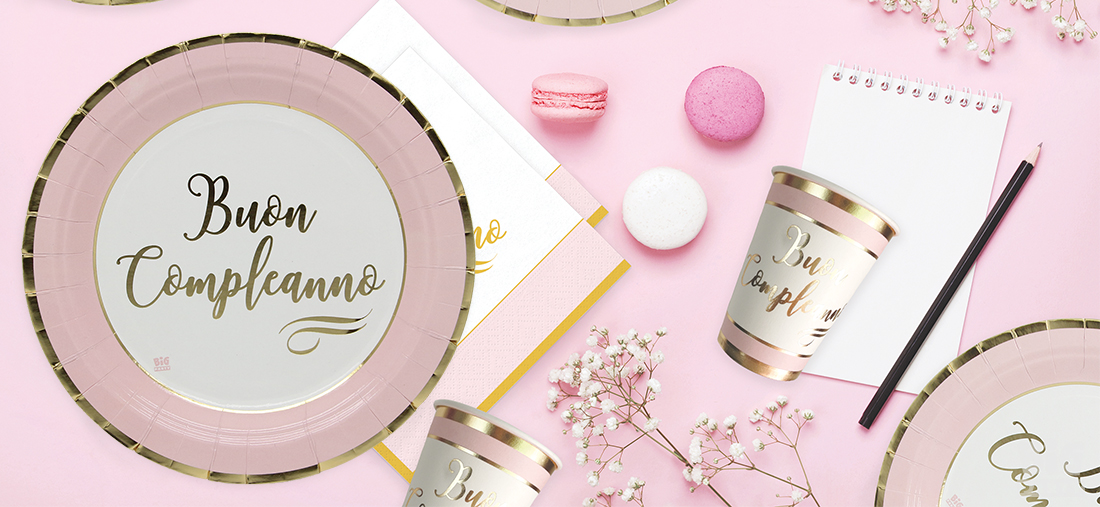 Tovaglioli 33 x 33 Rosa e Bianchi con stampa Oro " Buon compleanno", Big Party . - immagine 2