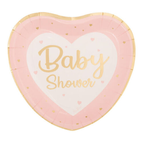 Piatto Baby Shower a Cuore Rosa e Bianco con stampa Oro.